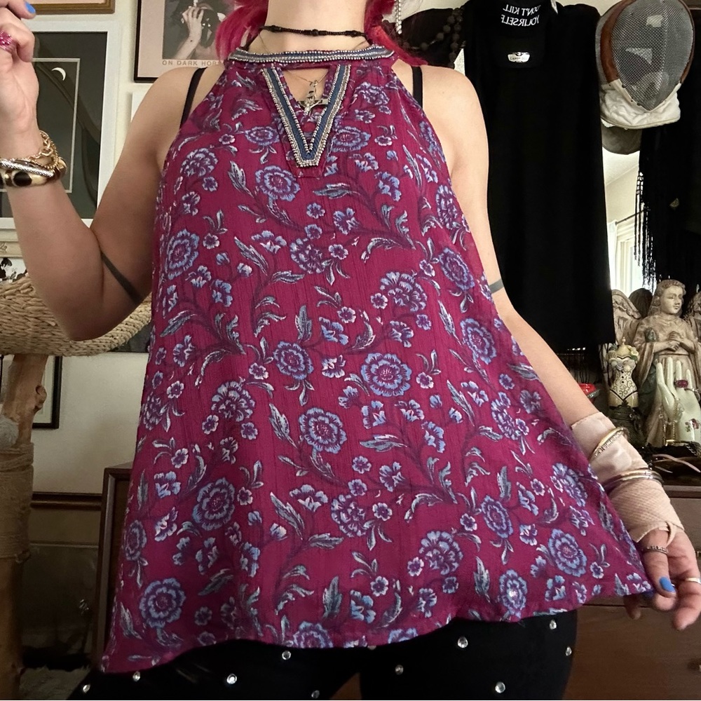 hollister blue & wine floral boho layered tank w beaded choker neckline / large